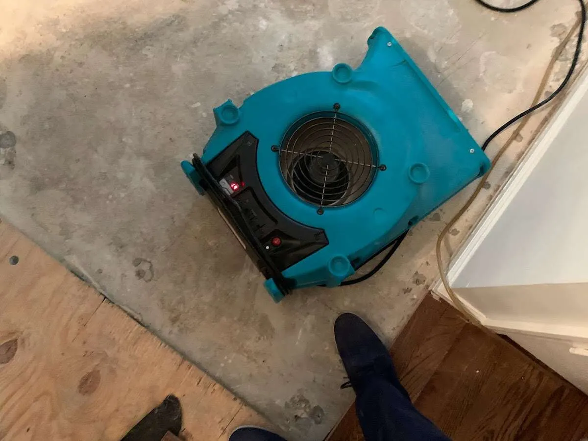 Air mover drying subfloor during Leak Detection & Repair in Lower Burrell